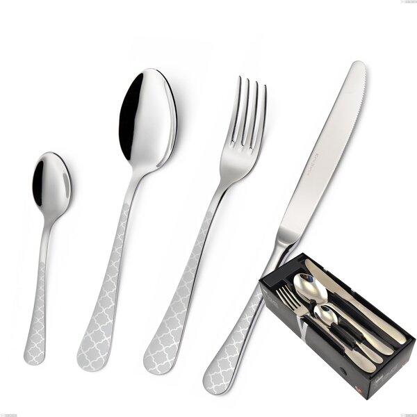 Milano Damask 24 Piece Cutlery Set in Space-Saving Packaging, 18/10 (AISI304) Polished Stainless Steel with Damask Effect, 2.5 mm Thickness