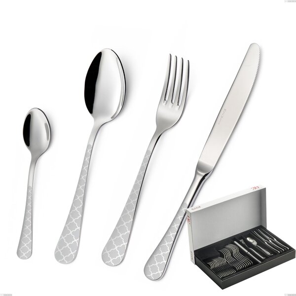 Milano Damask 30-piece cutlery set in panoramic packaging, 18/10 (AISI304) polished steel with damask effect, thickness 2.5 mm