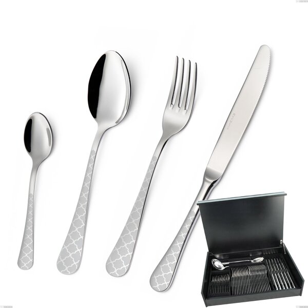 Milano Damask 51-piece cutlery set in wooden case, 18/10 (AISI304) polished stainless steel with damask effect, 2.5 mm thickness
