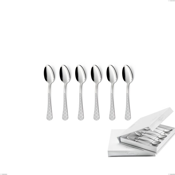 Set of 6 Milano Damask Moka Spoons in Book-Style Box, 18/10 (AISI304) Polished Stainless Steel with Damask Effect, Laser Design, 2.5mm Thickness