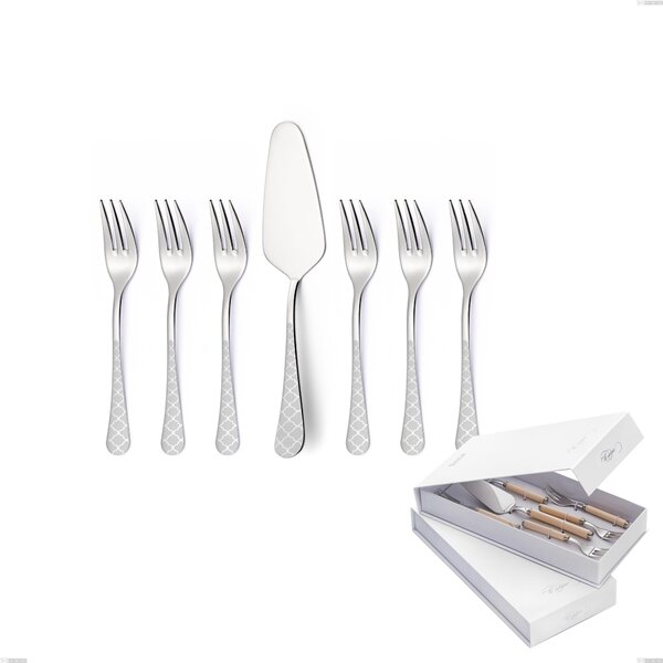 Milano Damask 7-piece dessert cutlery set, including small forks and cake server, presented in a book-style box, 18/10 (AISI304) polished stainless steel with damask effect, 2.5 mm thickness