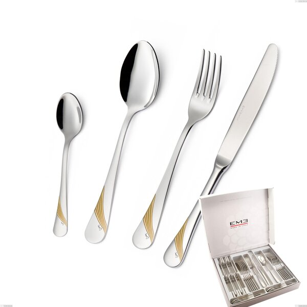 Milano Gold etched 24 Piece Cutlery Set in Gift Box, 18/10 (AISI304) Polished Stainless Steel and Gold Finish, 2.5 mm Thickness