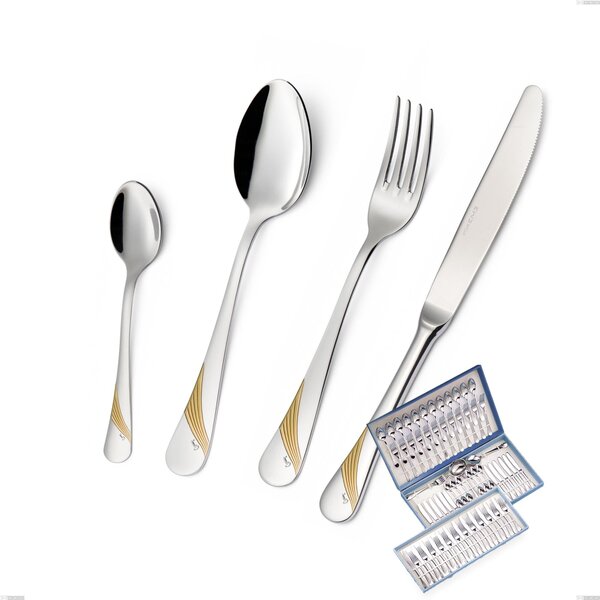 Milano Gold etched 75-piece Cutlery Set in Gift Case, 18/10 (AISI304) Polished Stainless Steel and Gold Finish, 2.5 mm Thickness