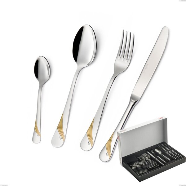 Milano Gold etched 30-Piece Cutlery Set in Panoramic Packaging, 18/10 (AISI304) Polished Stainless Steel and Gold Finish, 2.5 mm Thickness