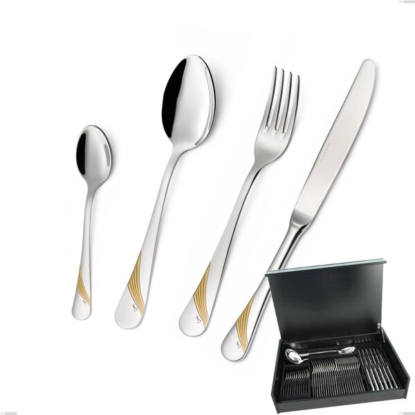 Milano Gold etched 51-piece cutlery set in wooden case, 18/10 (AISI304) with polished stainless steel and gold finish, 2.5 mm thickness