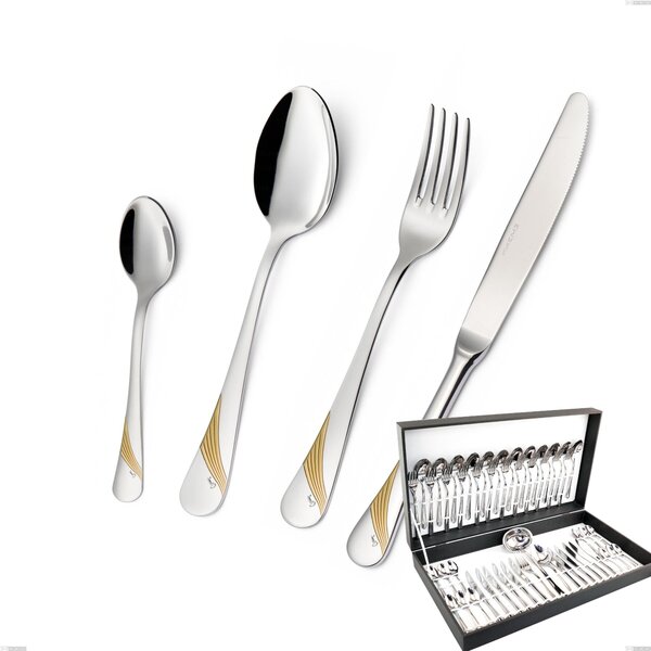 Milano Gold etched 51 Piece Cutlery Set in Canteen Box, 18/10 (AISI304) Polished Stainless Steel and Gold Finish, 2.5 mm Thickness
