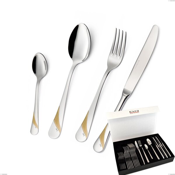 Milano Gold etched 24 Piece Cutlery Set in Panoramic Book-style Case, 18/10 (AISI304) Polished Stainless Steel and Gold Finish, 2.5 mm Thickness