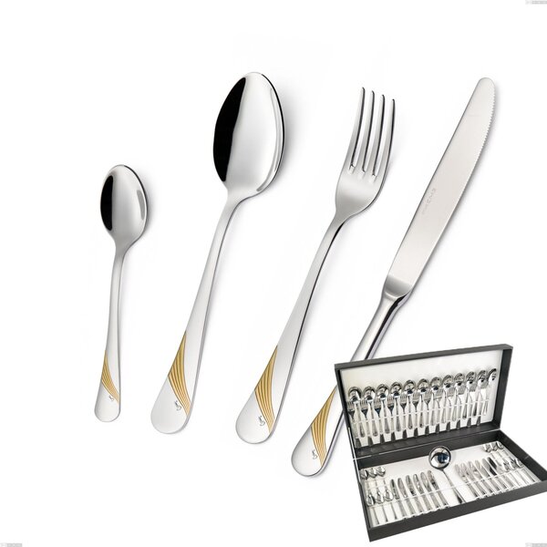 Milano Gold etched 49 Piece Cutlery Set in Canteen Box, 18/10 (AISI304) Polished Stainless Steel and Gold Finish, 2.5 mm Thickness
