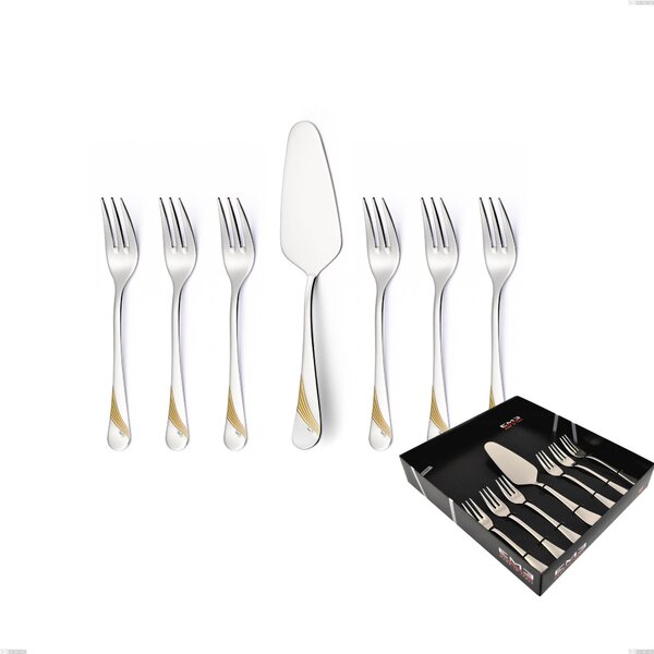 Milano Gold etched Dessert Cutlery Set, 7 Pieces Including Small Forks and Cake Server in Display Box, 18/10 (AISI304) Polished Stainless Steel and Gold Finish, 2.5 mm Thickness