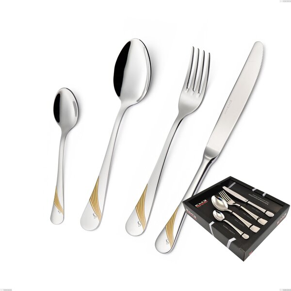 MILANO Gold etched 24 Piece Cutlery Set in 18/10 Mirror Polished Stainless Steel 2.5 mm Thickness with Showcase Packaging