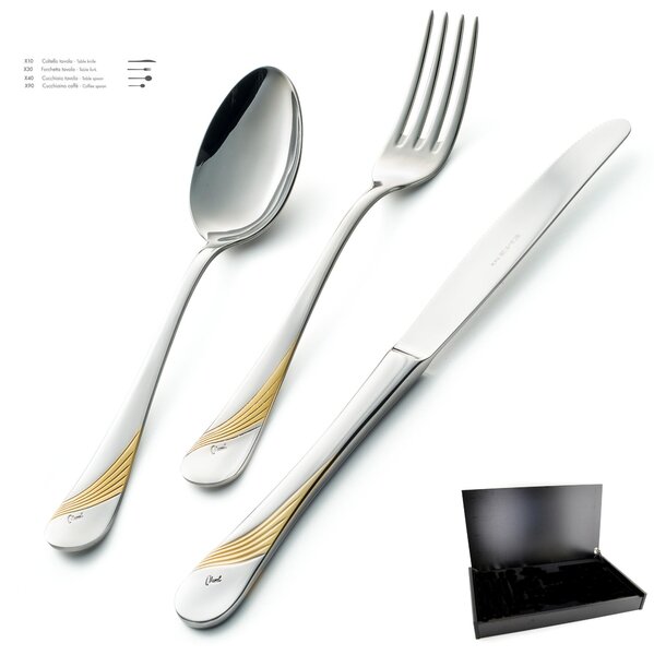 MILANO Gold etched 24-piece Cutlery Set in 18/10 Mirror-polished Stainless Steel 2.5 mm Thickness with Wooden Case
