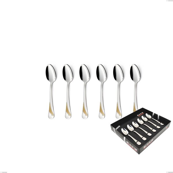 Set of 6 Milano Gold etched Moka Spoons in Display Box, 18/10 (AISI304) Polished Stainless Steel and Gold Finish, 2.5 mm Thickness