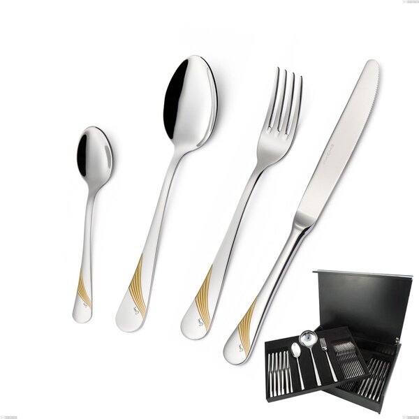 75-Piece Milano Gold etched Cutlery Set in Wooden Case, 18/10 (AISI304) Polished Stainless Steel and Gold Finish, 2.5 mm Thickness