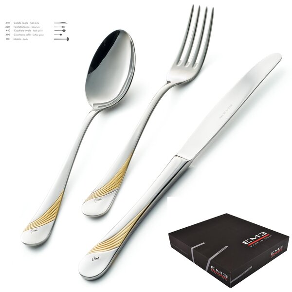 MILANO Gold etched 49 Piece Cutlery Set in 18/10 Mirror Polished Stainless Steel 2.5mm Thickness in Gift Box