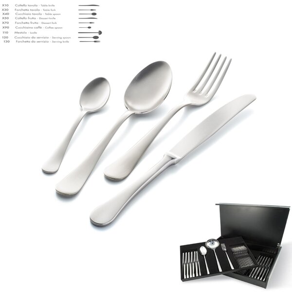 MILANO Sandblasted 75-Piece Cutlery Set in 18/10 Sandblasted Stainless Steel 2.5 mm Thickness with Wooden Case