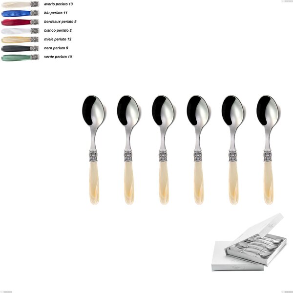 Set of 6 Mona Lisa Coffee Spoons in Book-style Case, Polished AISI 304 18/10 Stainless Steel with Pearlised Acrylic Handle