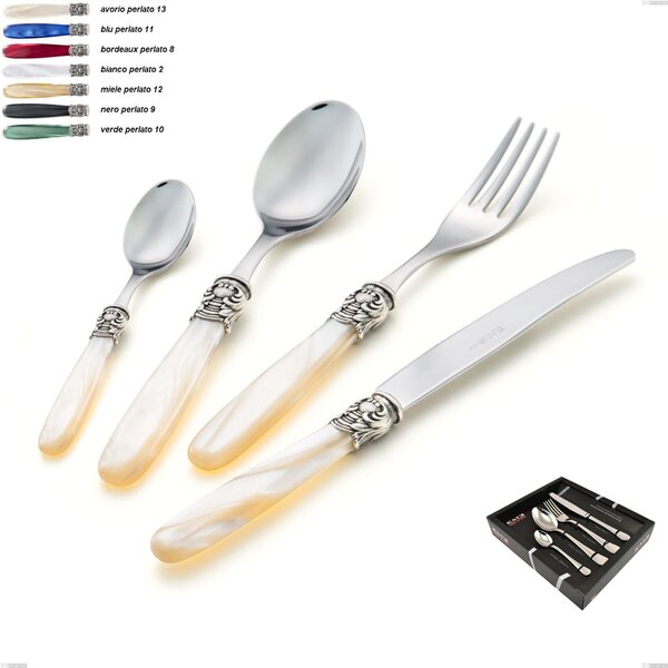 Mona Lisa Colourful Cutlery Set 24 Pieces for 6 Table Settings 18/10 with Ring on the Handles in Display Box