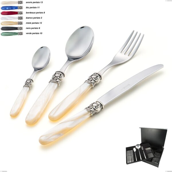 75 Piece Cutlery Set in Wooden Case Mona Lisa, Polished 18/10 AISI 304 Stainless Steel with Pearlescent Acrylic Handle
