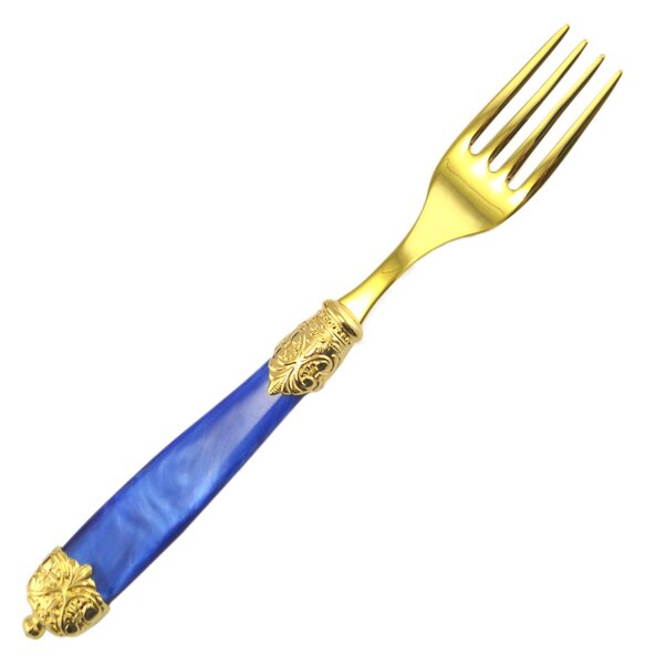 Mirage Pearl Tin Gold Table Fork in Gold Tin 18.10 (AISI 304) with Pearlescent Handle and Double Ring, Dishwasher Safe, Pearlescent Blue
