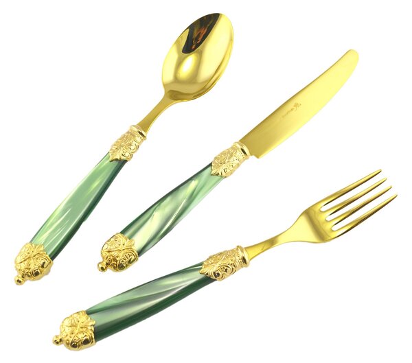 Mirage Pearl Tin Gold cutlery set 24 pieces in showcase packaging for 6 table settings, Tin Gold 18.10 (AISI 304) green pearlised girdles