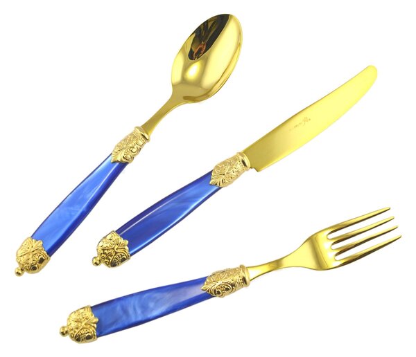 Mirage Pearl Tin Gold Table Knife in Gold Tin 18.10 (AISI 304) with Pearl Handle and Double Ring Dishwasher Safe Blue Pearl