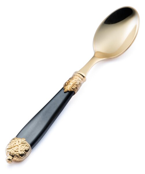 Mirage Pearl Tin Gold Coffee Spoon in 18.10 (AISI 304) Gold Tin with Double Ring Pearl Handle Dishwasher Safe Black Pearl
