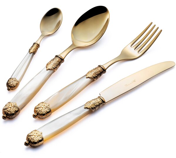 Mirage Pearl Tin Gold Cutlery Set, 24 Pieces in Showcase Packaging for 6 Table Settings, Tin Gold Gilded Rings 18.10 (AISI 304) Ivory Pearl
