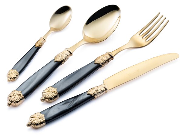 Mirage Pearl Tin Gold Cutlery Set, 24 Pieces in Display Case for 6 Table Settings, Tin Gold 18.10 (AISI 304) Black Pearl