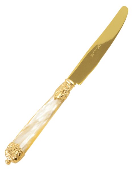 Mirage Pearl Tin Gold Table Knife in Gold Gilt 18.10 (AISI 304) with Pearl Handle and Double Ring, Dishwasher Safe Ivory Pearl