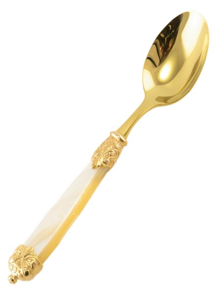 Mirage Pearl Tin Gold Table Spoon in Gold Gilt 18.10 (AISI 304) with Pearl Handle and Double Ring Dishwasher Safe Ivory Pearl