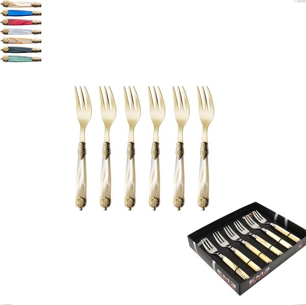 Showcase Pack of 6 Dessert Forks Mirage Pearl Tin Gold, 18.10 Stainless Steel with Coloured Gold PVD Finish, Methacrylate Handles