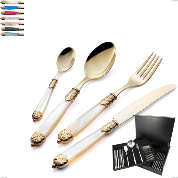75-Piece Cutlery Set in Wooden Case Mirage Pearl Tin Gold, 18.10 Stainless Steel with Coloured Gold PVD Finish, Acrylic Handles