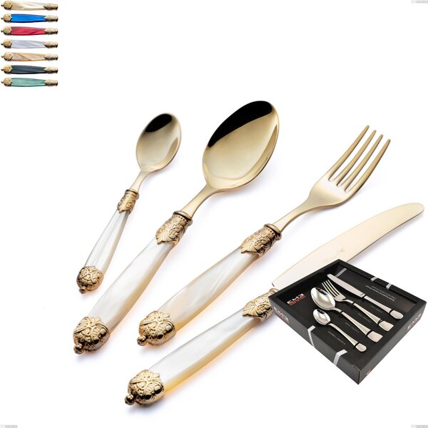 Mirage Pearl Tin gold 24 piece cutlery set in display case, 18.10 stainless steel with coloured gold PVD finish, methacrylate handles