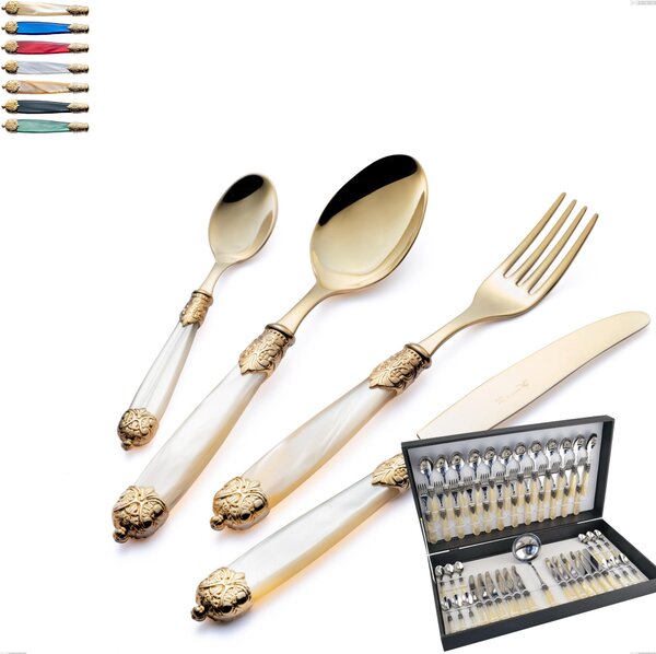 Mirage Pearl Tin Gold 49-piece cutlery set in canteen box, 18.10 stainless steel with coloured gold PVD finish, methacrylate handles