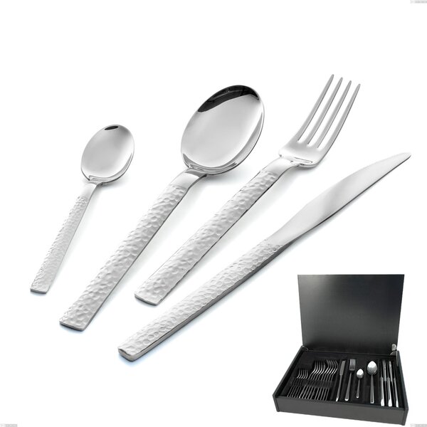 Marte 24 Piece Cutlery Set in Wooden Case, Stainless Steel 18/10 (AISI304), Hammered Finish Thickness 2.5 mm