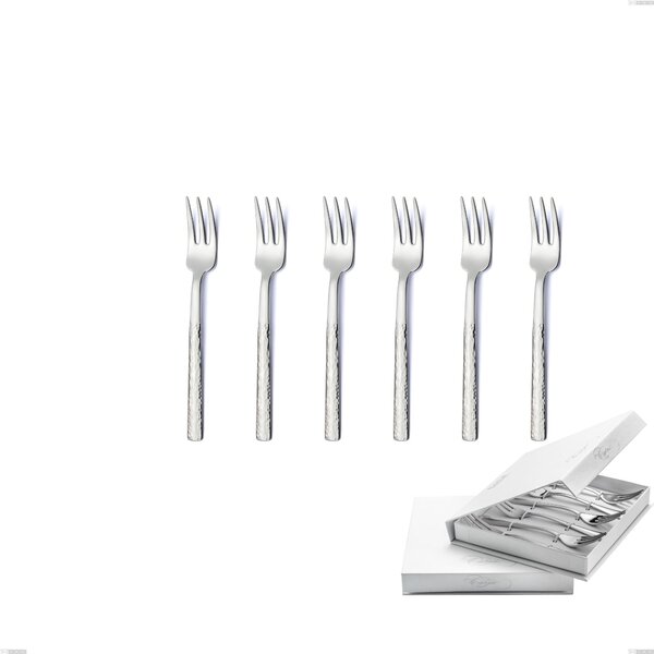 Marte Small Dessert Forks Set of 6 in Book-Style Box, Stainless Steel 18/10 (AISI304), Hammered Finish Thickness 2.5 mm