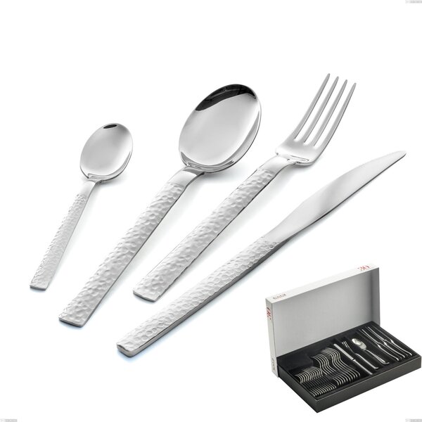 Marte 30-Piece Cutlery Set in Panoramic Packaging, Stainless Steel 18/10 (AISI304), Hammered Finish Thickness 2.5 mm