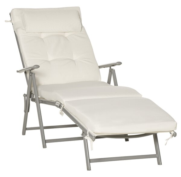 Outsunny Garden Sun Lounger, Foldable Reclining Chair with Pillow, Texteline Fabric, Adjustable Backrest, Cream White
