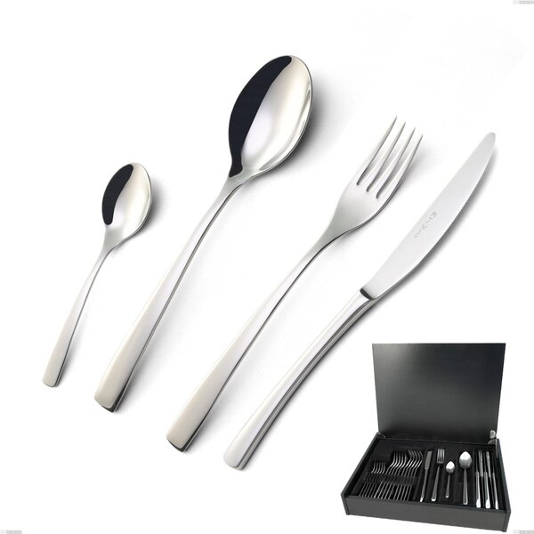 Onda 24 Piece Cutlery Set in Wooden Canteen Box, Polished Stainless Steel (Aisi 304)