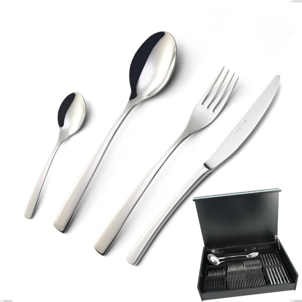 Onda 51 Piece Cutlery Set in Wooden Canteen Box, Polished Stainless Steel (Aisi 304)