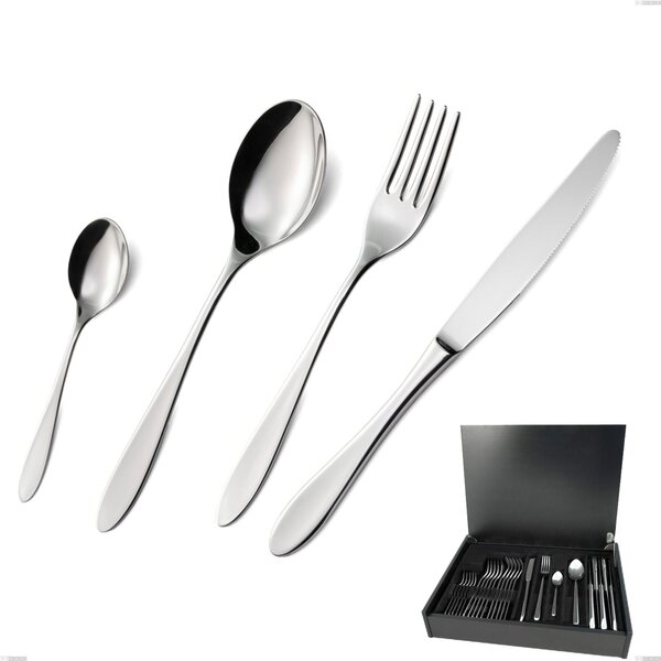Oasi 24-piece cutlery set in Wooden Canteen Box, Polished Aisi 304 Stainless Steel, 2 mm thickness