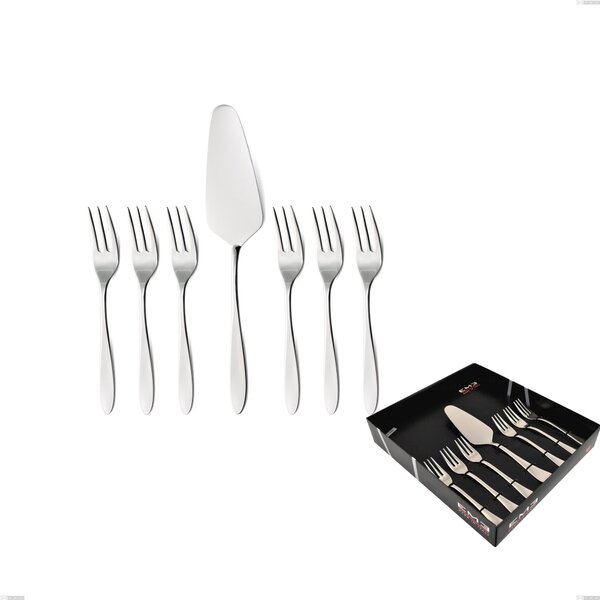 Set of 7 Dessert Cutlery, Small Forks and Cake Server Oasi in Showcase Packaging, Polished Stainless Steel AISI 304, 2 mm Thickness