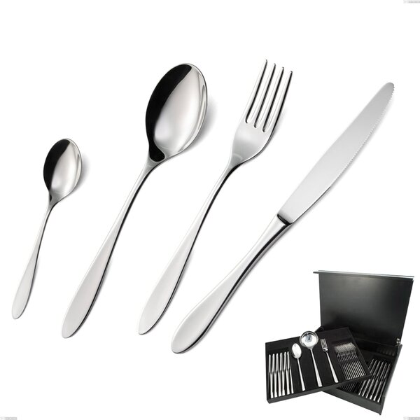 75-Piece Oasi Cutlery Set in Wooden Box, Mensa, Polished Stainless Steel AISI 304, 2 mm Thickness