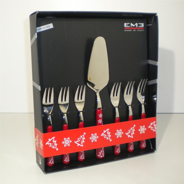 Dessert Forks and Server 7 Piece Set BRIO ROSSO Christmas 18/C Stainless Steel in Gift Box