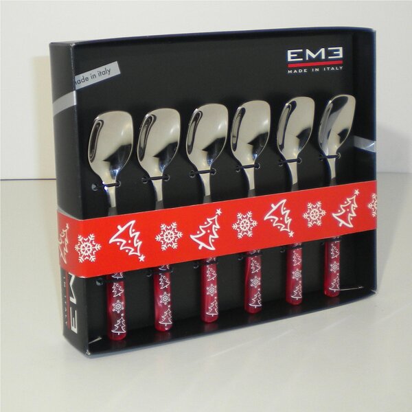 Red Pearl Christmas 6-Piece Ice Cream Spoon Set in Gift Box Brio Natale Cutlery 18/C Stainless Steel