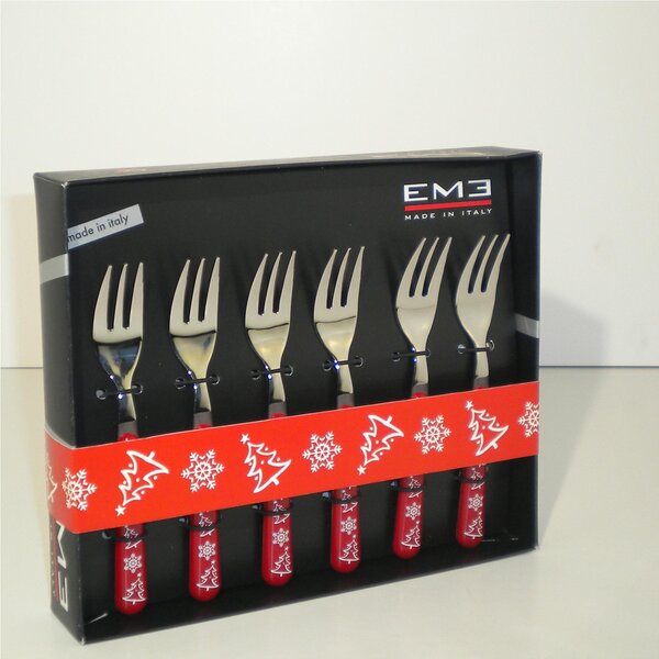 6-Piece PERLA ROSSO Christmas Dessert Forks in 18/C Stainless Steel with Gift Packaging by Brio Natale