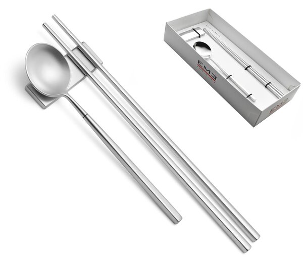 KYOTO SUSHI 18.10 forged stainless steel cutlery set accommodates 3 utensils with sandblasted stainless finish plus rest in showcase packaging