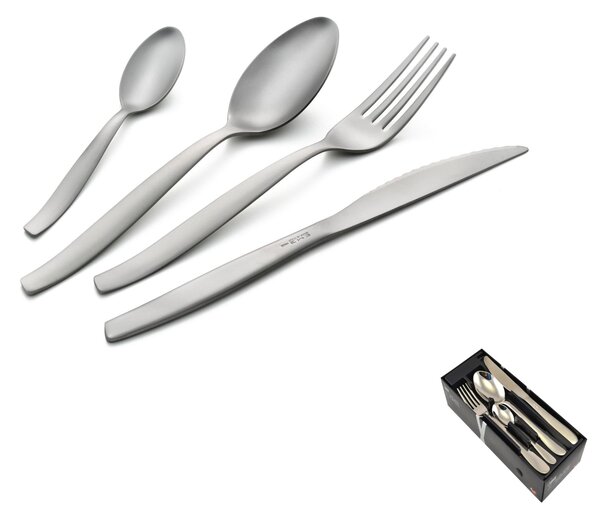 Shark Sandblasted 24 Pieces Stainless Steel Cutlery Set for 6 Table Settings with Steak Knives, Satin Finish 18.C Steel, 2 mm Thickness, Space-Saving Packaging