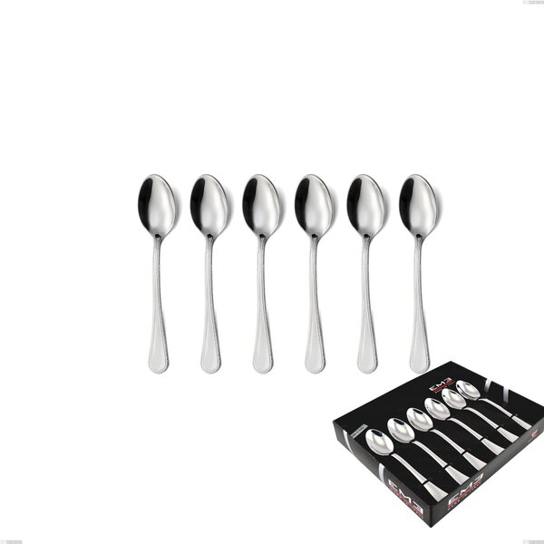 Set of 6 Perles Coffee Spoons in Display Box, Polished AISI 304 Stainless Steel, 2.5 mm Thickness, Classic Design