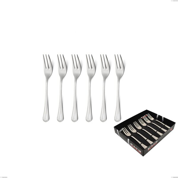 Set of 6 Perles Dessert Forks in Showcase Packaging, Polished AISI 304 Stainless Steel, 2.5 mm Thickness, Classic Design